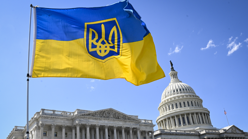 Supporters of Ukraine celebrate after House of Representatives passed bills, including aid to Ukraine and Israel, on Capitol Hill in Washington DC