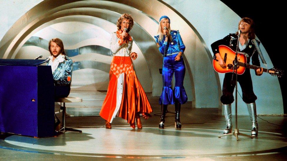 Swedish pop group Abba, performs during the the Eurovision Song Contest 1974 on February 09, 1974 in Brighton with their song Waterloo. Abba won the Eurovision Song Contest in England with "Waterloo", this was the beginning of the greatest career in Swedish pop music history. The "Waterloo" LP was released in England and America after many TV appearances.