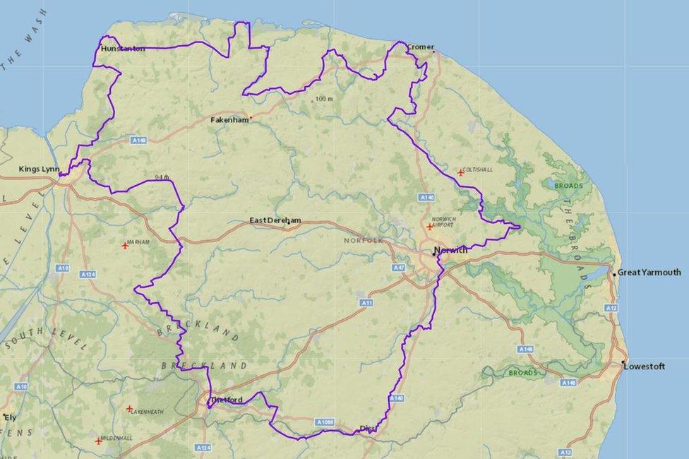 A map of the Rebellion Way route in Norfolk