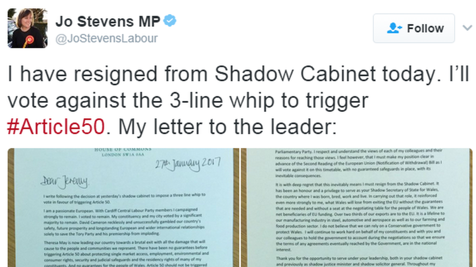 Jo Stevens resignation letter on Twitter