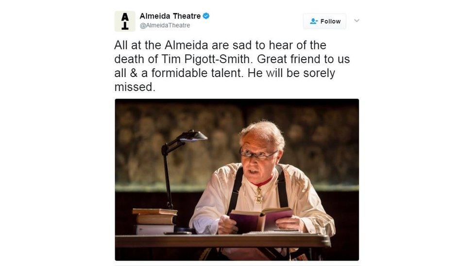 All at the Almeida are sad to hear of the death of Tim Pigott-Smith. Great friend to us all and a formidable talent. He will be sorely missed.