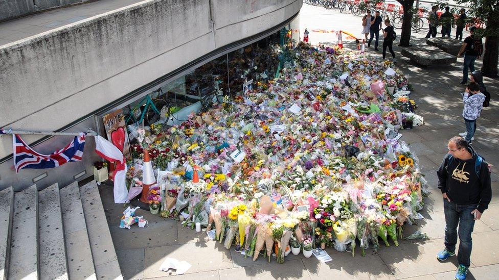 Floral tributes lie at the south end of London Bridge following the June 3rd attacks