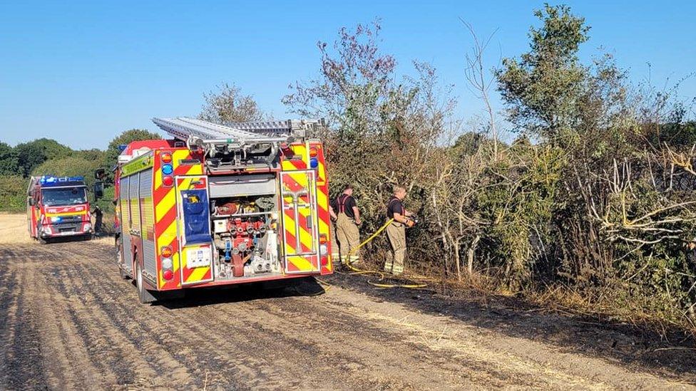 Firefighters at a field fire in near Sudbury, Suffolk