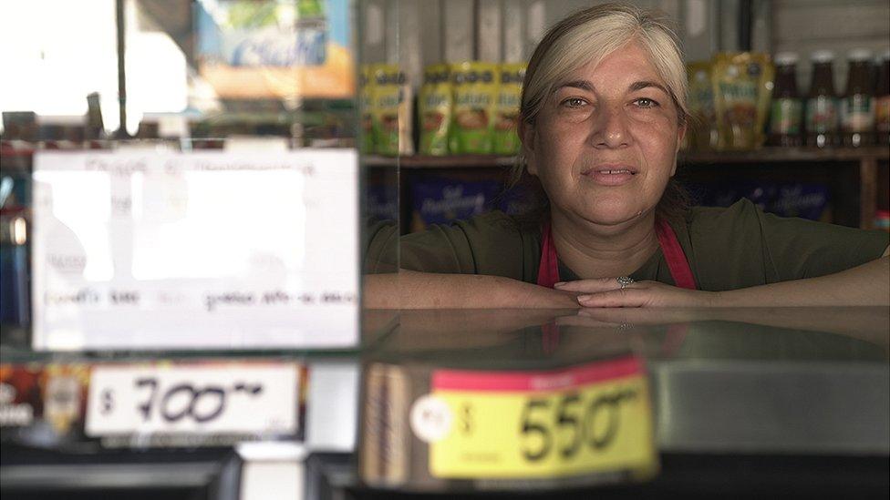 Lourdes Monjes inside her corner shop in Buenos Aires