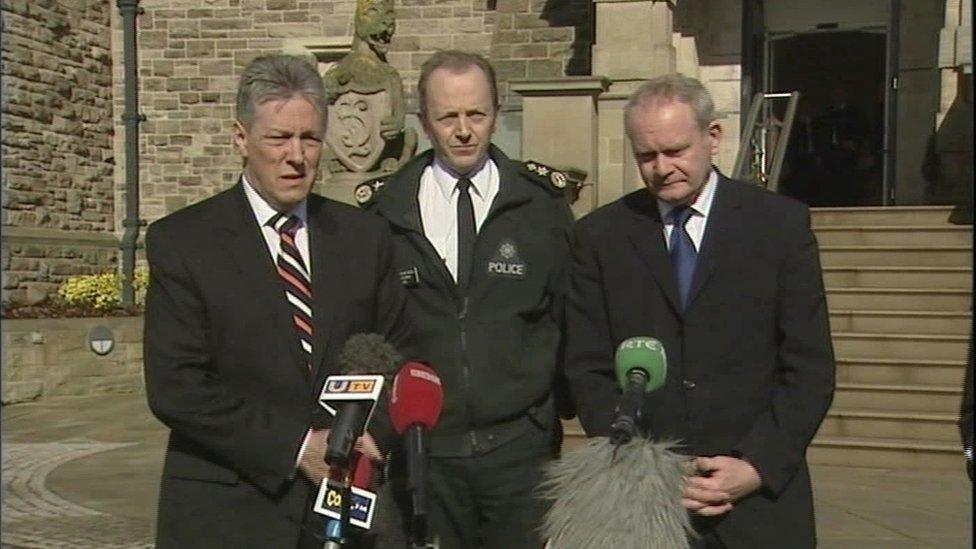 Peter Robinson, Sir Hugh Orde and Martin McGuinness at a press conference on the murder of Constable Stephen Carroll in 2009