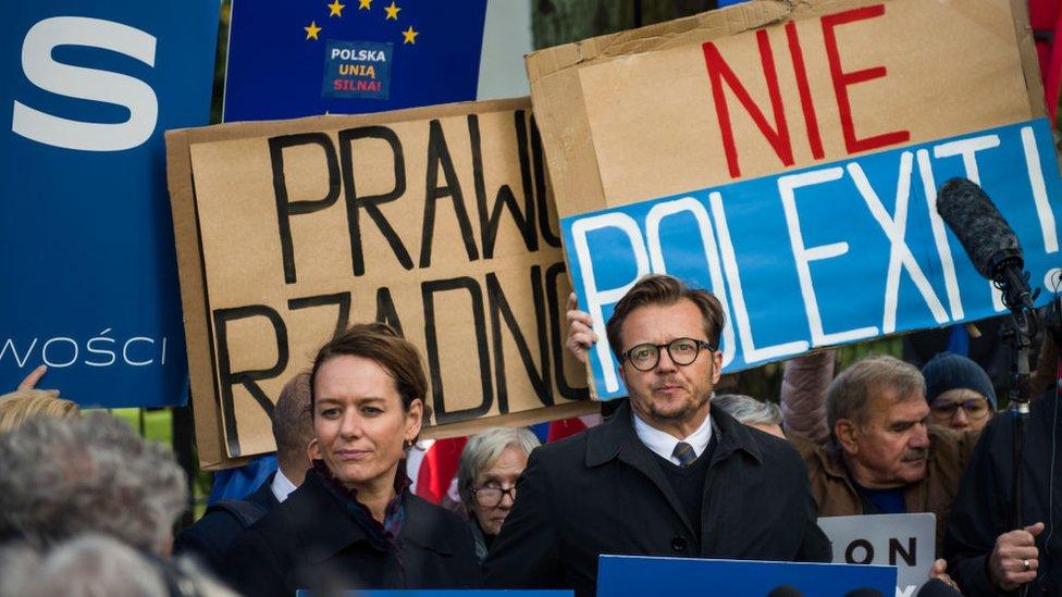 Protesters in September 2021 back an independent judiciary and oppose Polexit