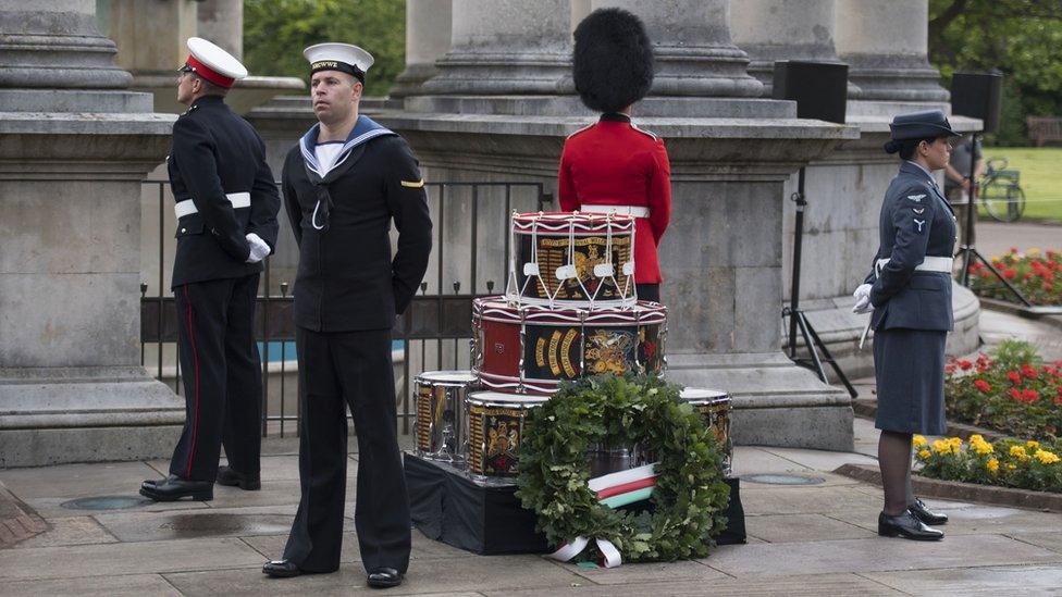 Members of Britain's different armed services at the drumhead focus for Somme ceremony in Cardiff