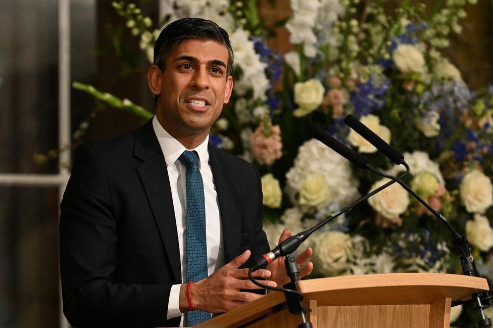 Rishi Sunak gives a speech in Belfast in April 2023