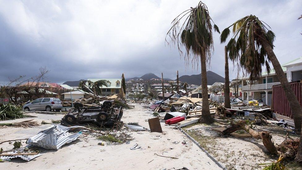 Damage in Orient Bay on the French Caribbean island of Saint-Martin in the aftermath of Hurricane Irma, 7 September 2017