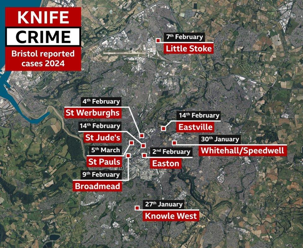 Map of stabbings across Bristol