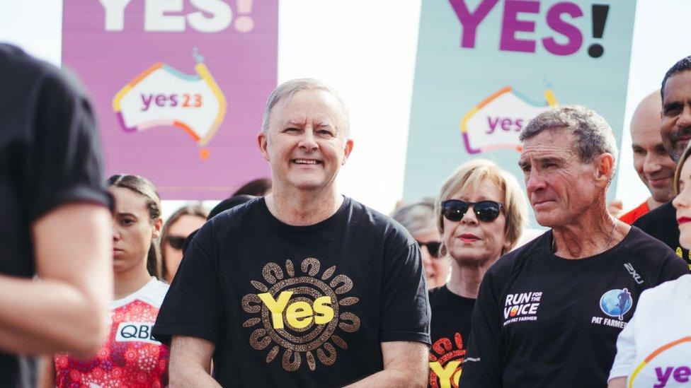 Prime Minister Anthony Albanese with other Yes supporters at an event in Sydney