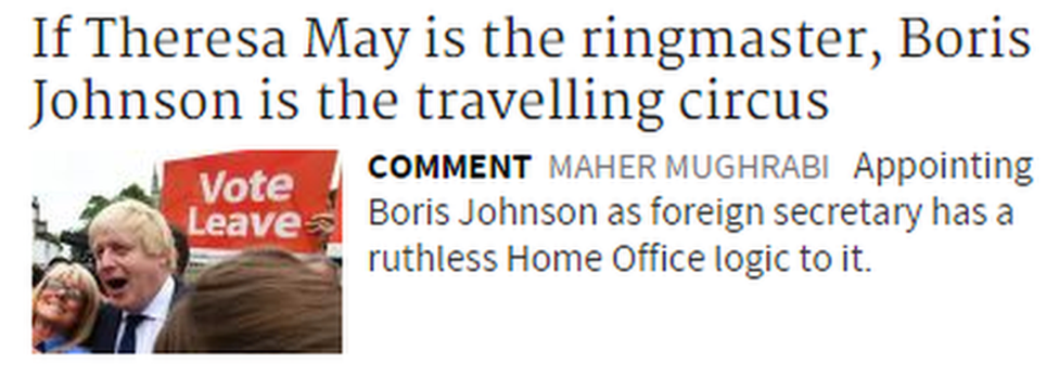 Headline reads: If Theresa May is the ringmaster, Boris Johnson is the travelling circus