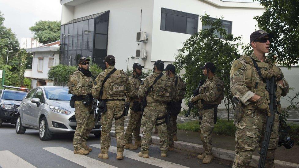 Brazilian police outside Lula Institute in Sao Paulo