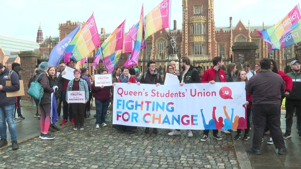 Queen's Student Union and the Rainbow Project held a protest outside the university in early October