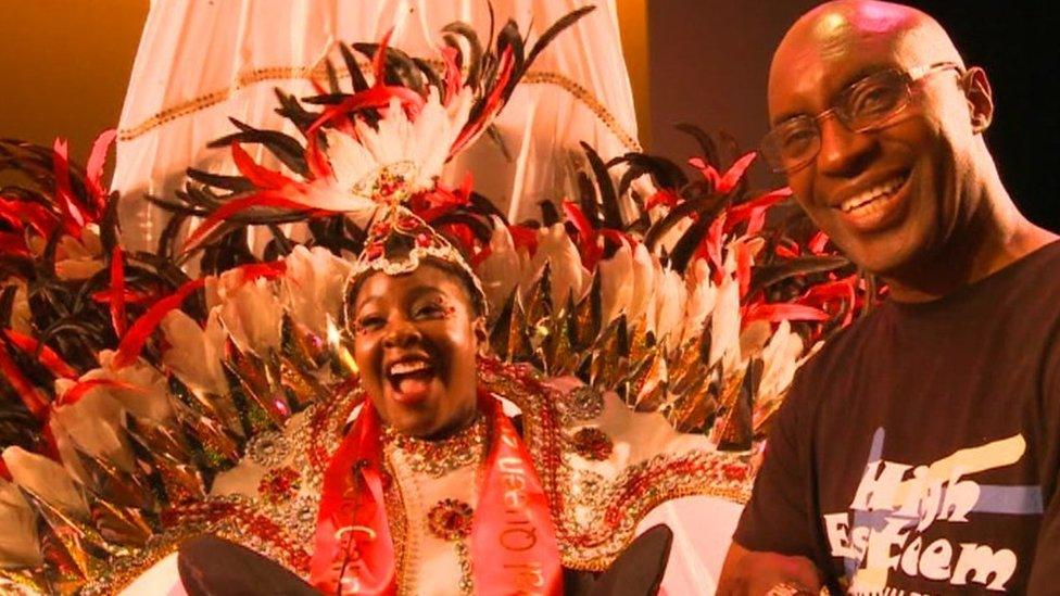 Carnival queen Eleanor Claxton with costume designer Hughbon Condor