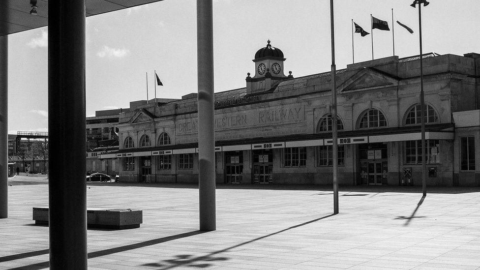 Cardiff’s Central train station and an empty Central Square