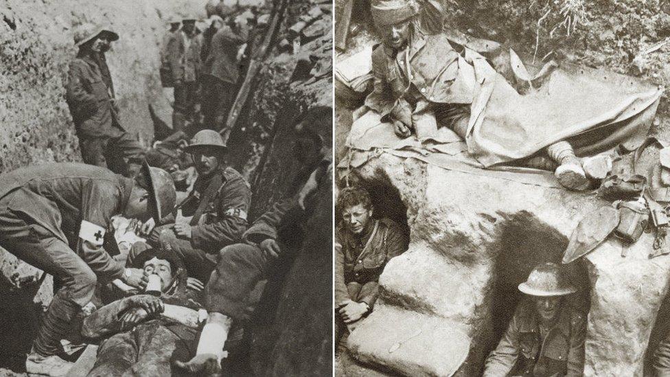 Stretcher bearer offering first aid; soldiers in trench, both World War One