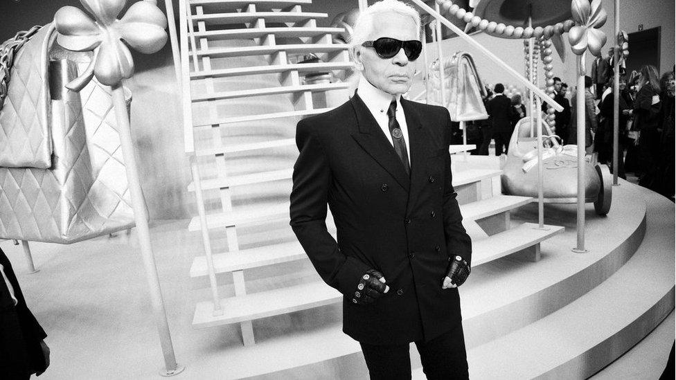 Paris. February 2008. Karl LAGERFELD greets the press after the show.