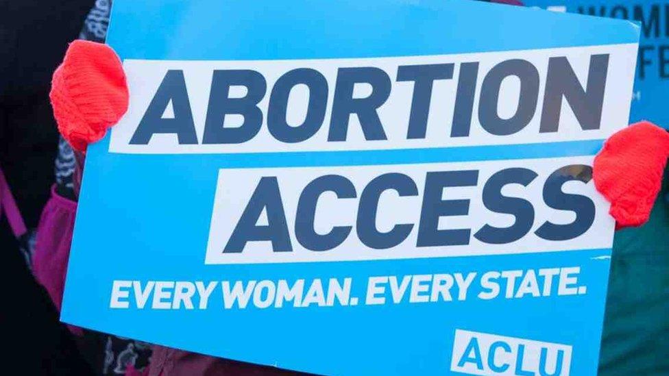 A protester holds an American Civil Liberties Union sign with the phrase, "Abortion access. Every woman. Every state."