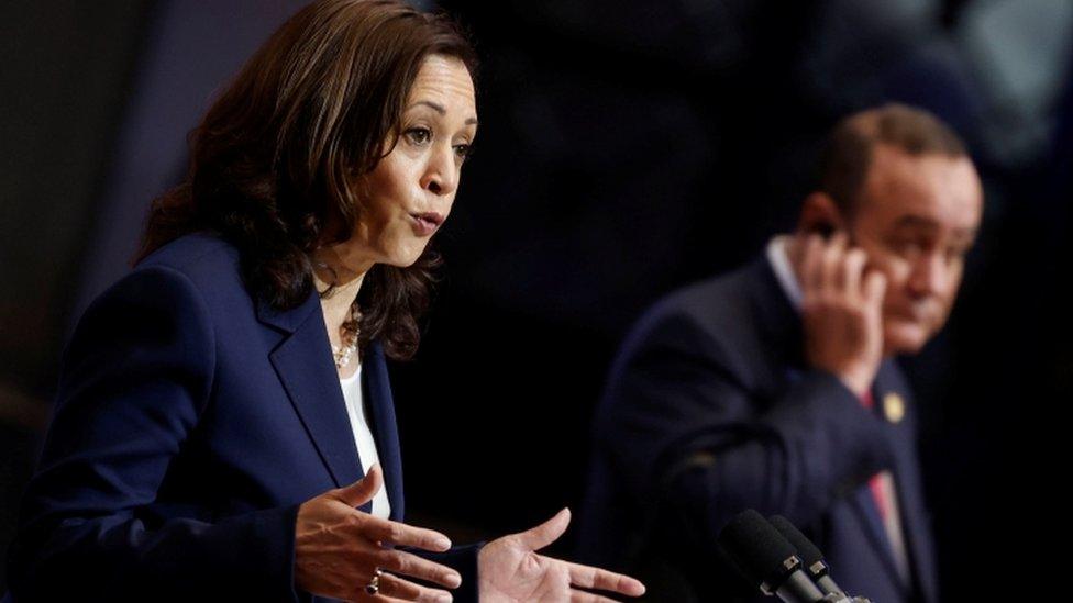 Guatemala's President Alejandro Giammattei and Kamala Harris attend a news conference at the Palacio Nacional de la Cultura, in Guatemala City. June 7, 2021