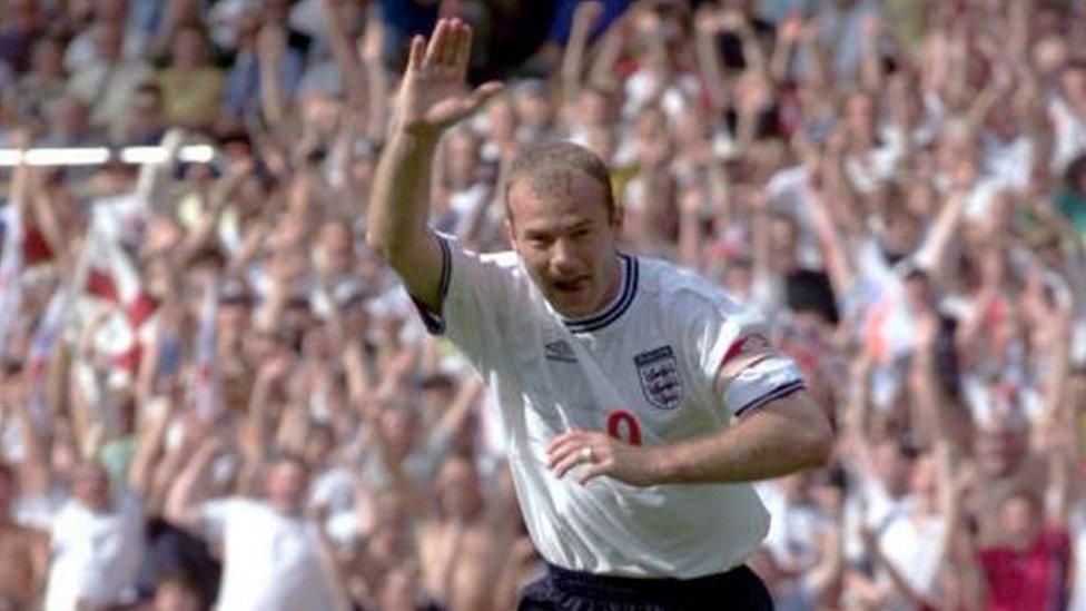 Alan Shearer celebrating a goal for England