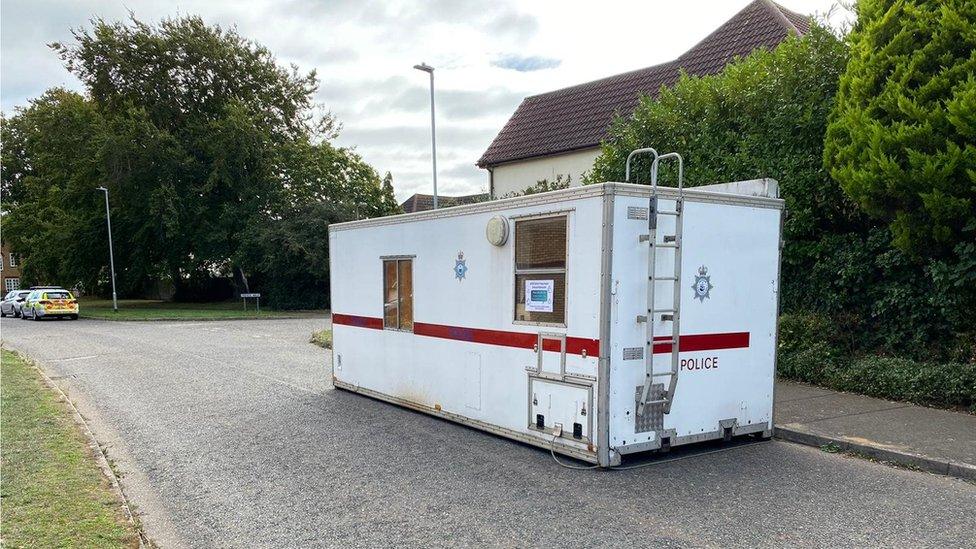 A temporary police station remains at the scene near Friends Walk in Kesgrave