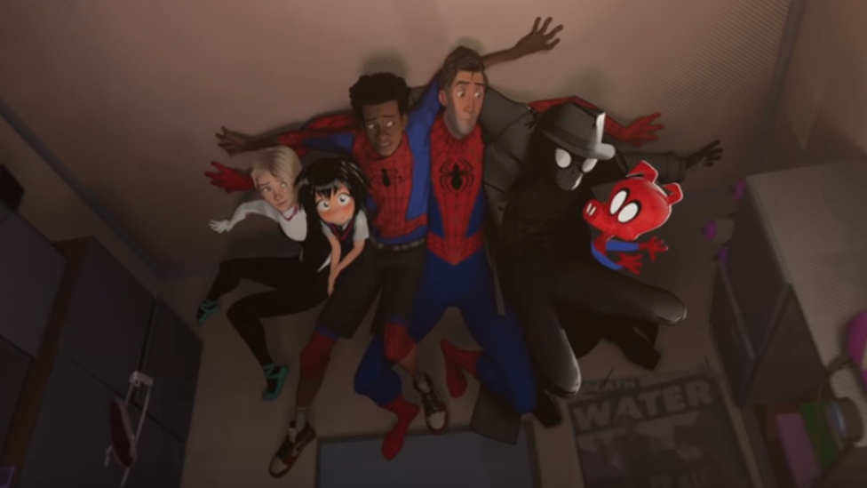 Screengrab from the film trailers showing all the characters hiding on a ceiling