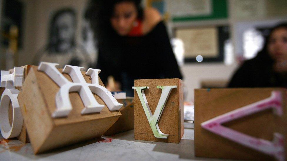 Calligraphy students using Cyrillic fonts in Sofia, Bulgaria