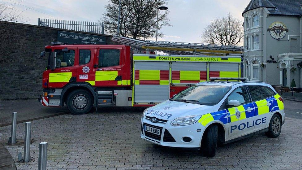 Police and fire and rescue vehicles at Swindon station