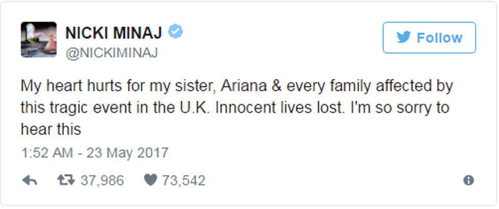 Nicki Minaj tweet: "My heart hurts for my sister, Ariana & every family affected by this tragic event in the U.K. Innocent lives lost. I'm so sorry to hear this"