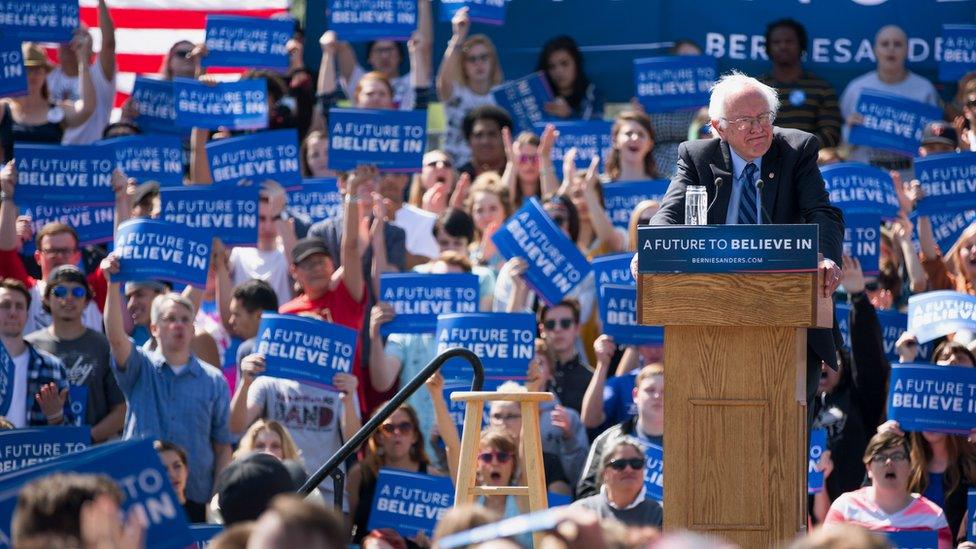 Bernie Sanders addressing thousands of supporters in Rapid City, South Dakota.