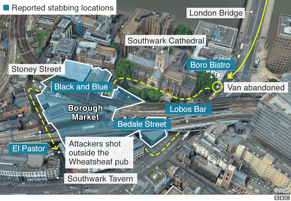 Map showing the reported locations of stabbings