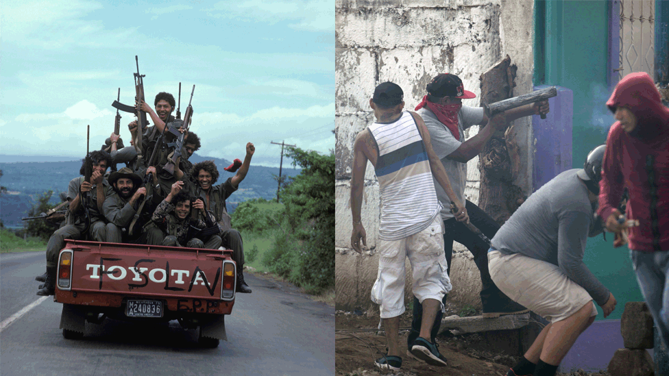 Sandinista rebels travel on the back of a pick-up truck during the Sandinista revolution./Anti-government protesters fire from a home-made mortar in 2018.