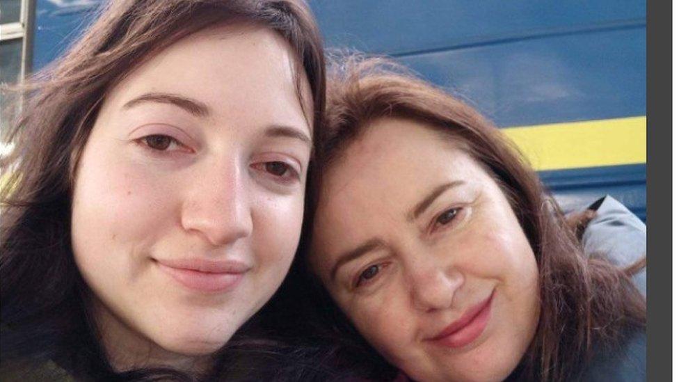 Oleksandra and her mum as she left Ukraine