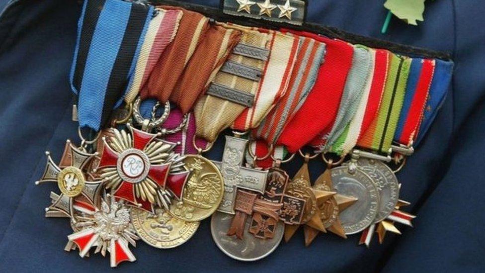 A photo of army veteran medals on a jacket