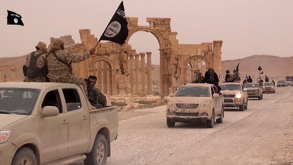 IS propaganda video showing militants driving through Palmyra, Syria