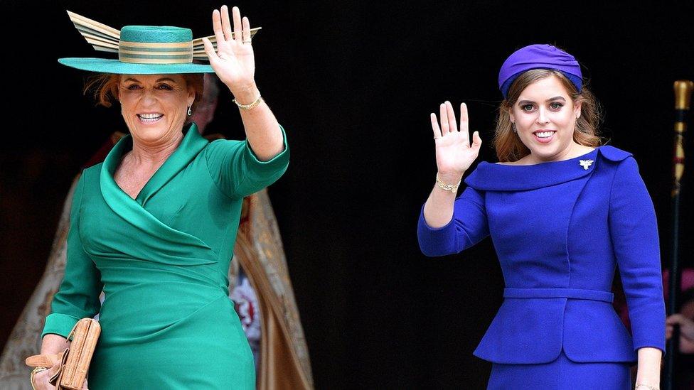 Sarah Ferguson, Duchess of York and Princess Beatrice attend the wedding of Princess Eugenie of York and Jack Brooksbank at St George's Chapel on October 12, 2018 in Windsor