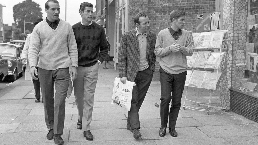 England's Ron Springett, Peter Bonetti, Nobby Stiles and Alan Ball go shopping in Golders Green the day after England earned their place in the World Cup Final with victory over Portugal