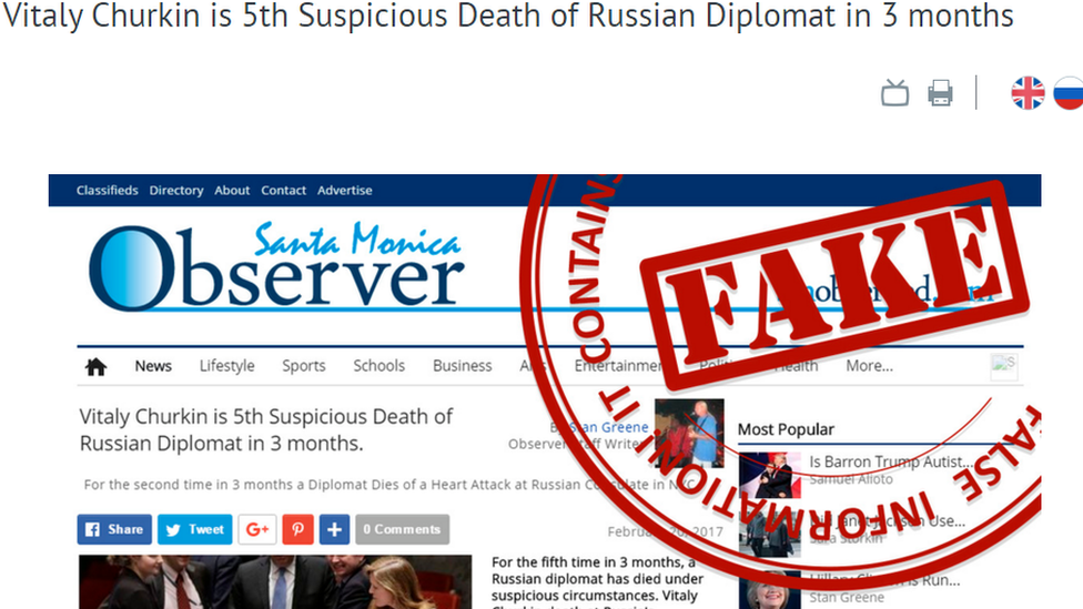 A headline from the "Santa Monica Observer" which is listed as "fake" on a Russian Foreign Ministry website