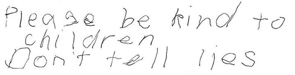A message from a survivor reads: "Please be kind to children. Don't tell lies. Always tell the truth if the children are hurt like me."