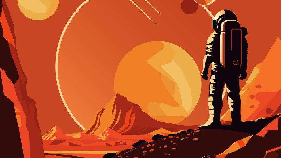 illustration of an astronaut while standing on another planet