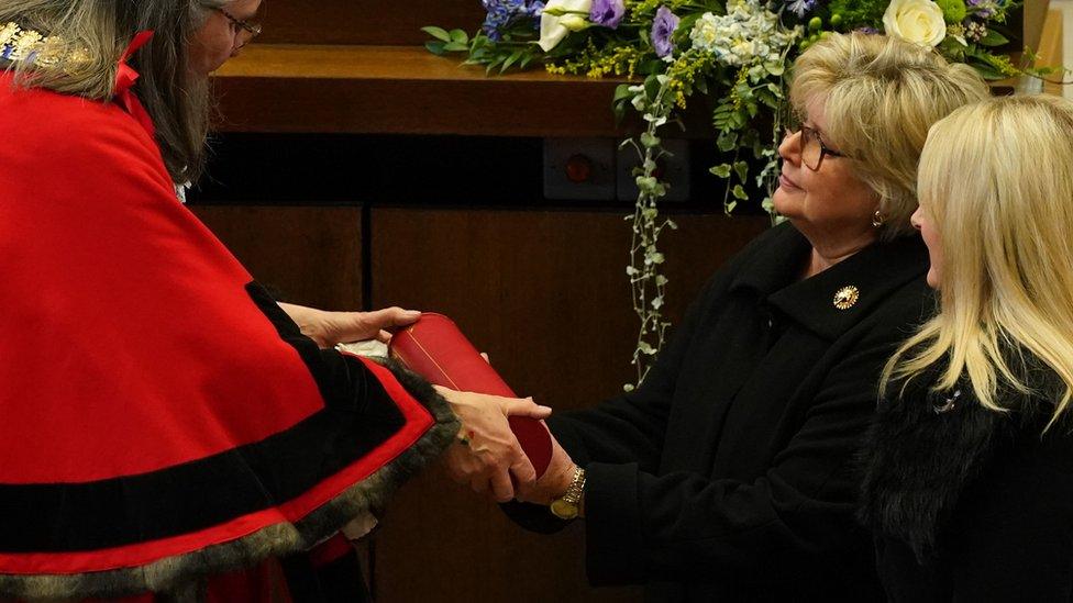 Lady Julia Amess is presented with the freedom of Southend city in memory of of her husband Sir David Amess