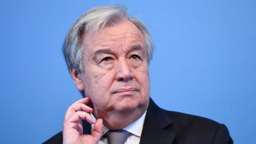 Antonio Guterres at a news conference in Sweden