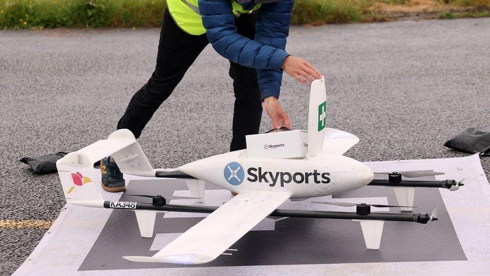 Food being loaded onto a Skyports drone