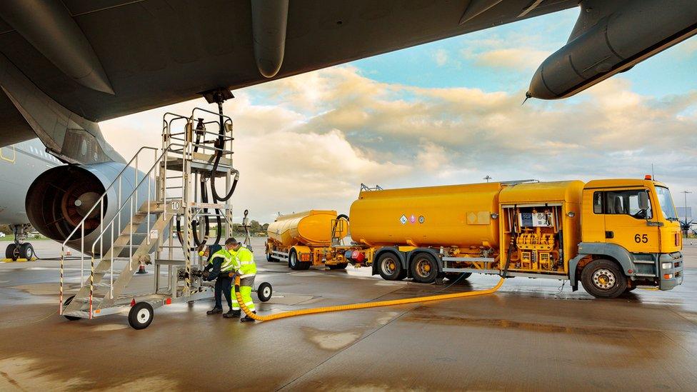 The Airbus A330MRTT RAF Voyager takes off from RAF Brize Norton for the first time powered by 100% SAF on both engines