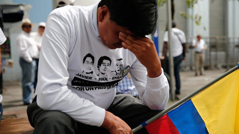 Family and friends protest after the confirmation of the murder of El Comercio newspaper's journalist team that were kidnapped on 26 March 2018 on the border with Colombia in Quito, Ecuador, 13 April 2018