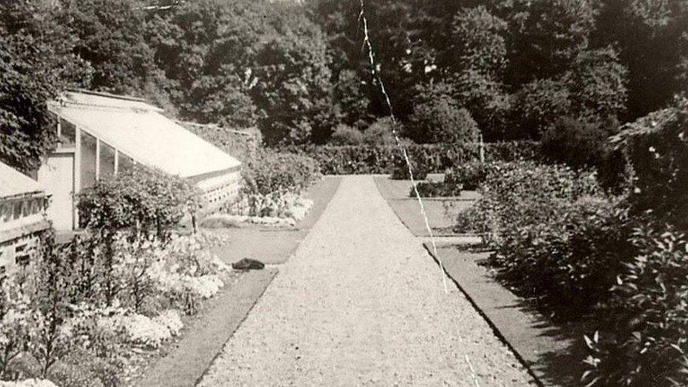 Florence Court garden and glasshouses photo in black and white from 1930