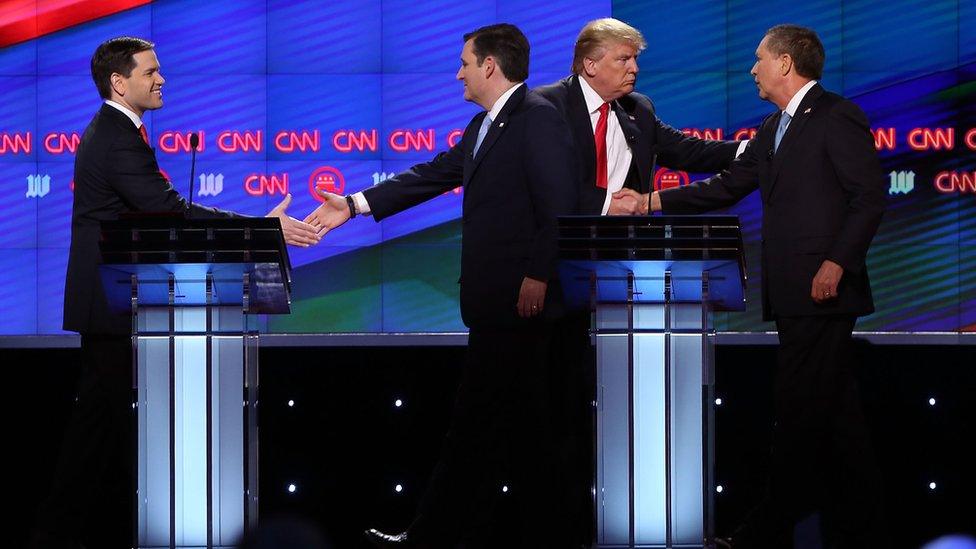 Rubio, Cruz, Trump and Kasich shake hands after debate