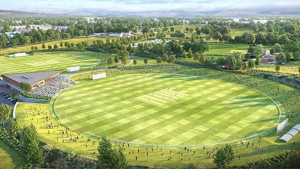 An artist's impression of the new pitch and hub showing a cricket pitch surrounded by spectators