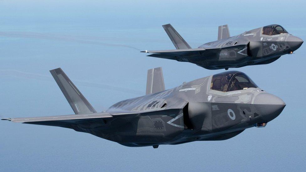 RAF F35 Lightning alongside US F35B flying over North Sea in July 2016